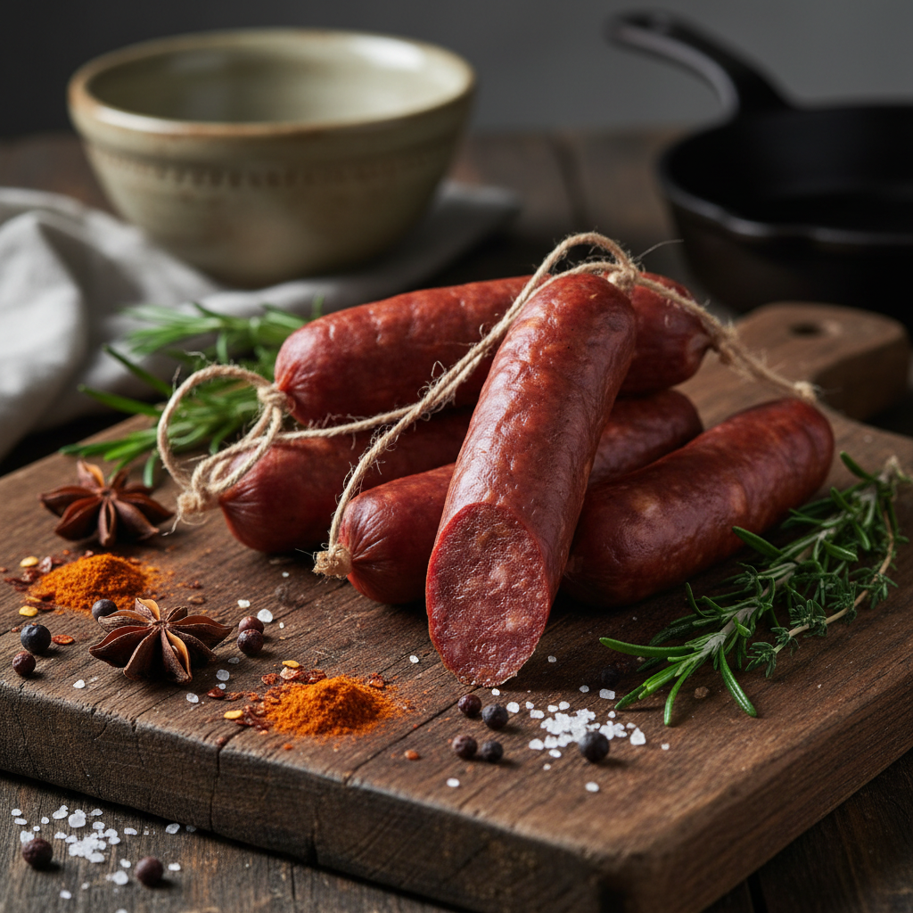 Smoked venison chorizo sausages on a rustic wooden board